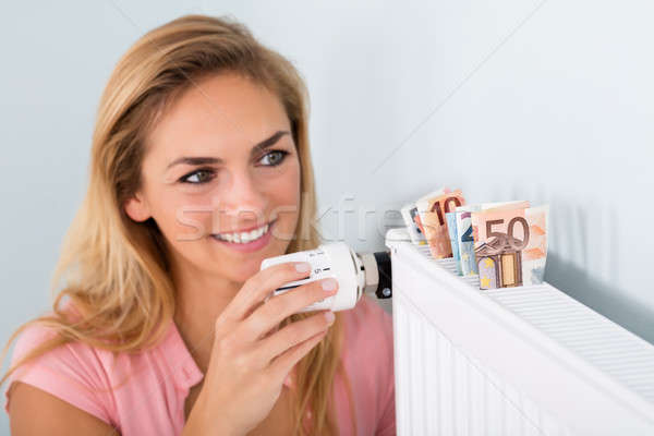 Kobieta termostat banku zauważa radiator młodych Zdjęcia stock © AndreyPopov