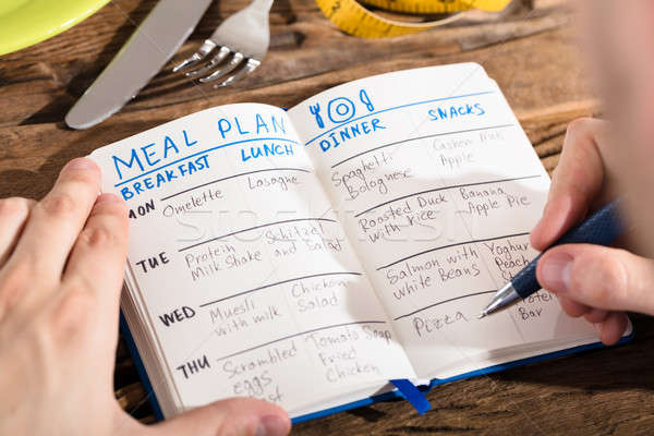 Stock foto: Ansicht · menschlichen · Hand · Essen · Plan · Notebook