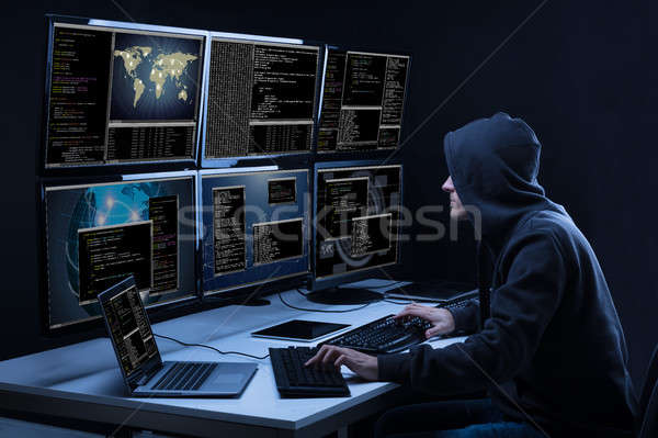 Hacker meervoudig computers gegevens achteraanzicht Stockfoto © AndreyPopov