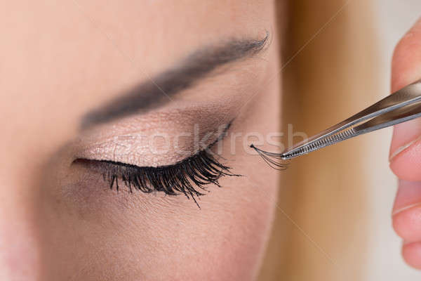 Stock foto: Hand · falsche · Wimpern · Frau · Gesicht · Mann · Mode