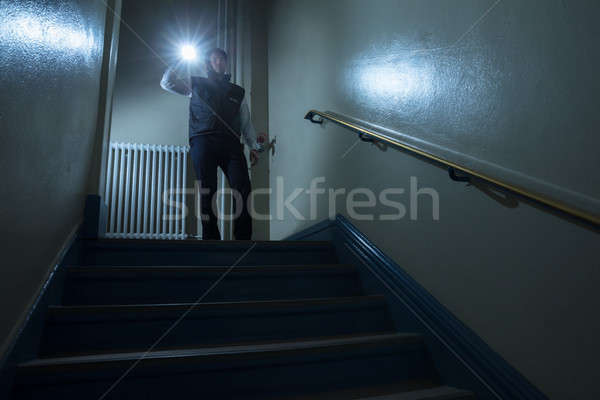 Biztonsági őr áll lépcsőfeljáró hátsó nézet tart elemlámpa Stock fotó © AndreyPopov