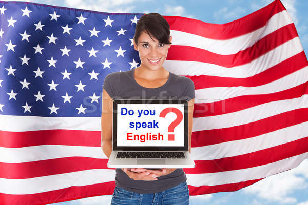 Stockfoto: Amerikaanse · vrouw · vragen · spreken · Engels · jonge · vrouw