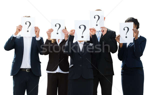 Geschäftsleute versteckt Gesicht hinter Fragezeichen Zeichen Stock foto © AndreyPopov