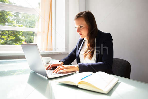 Stok fotoğraf: Işkadını · yazarak · dizüstü · bilgisayar · genç · günlük · büro