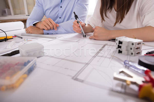 Kettő építész dolgozik munka szerszámok terv Stock fotó © AndreyPopov