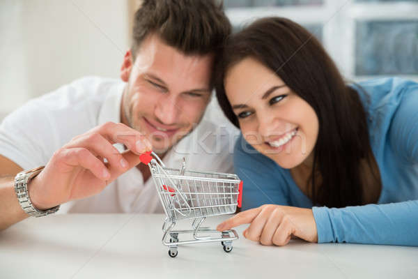 Smiling Couple Looking At Miniature Shopping Cart Stock photo © AndreyPopov