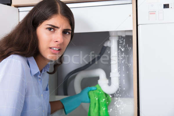 Worried Woman Holding Napkin Under Sink Pipe Leakage In Kitchen Stock photo © AndreyPopov