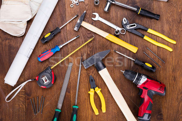 Construction Tools With Blueprint On Desk Stock photo © AndreyPopov