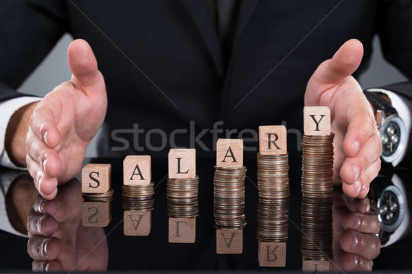 бизнесмен зарплата блоки монетами столе Сток-фото © AndreyPopov