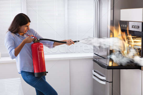 Woman Using Fire Extinguisher To Put Out Fire From Oven Stock photo © AndreyPopov