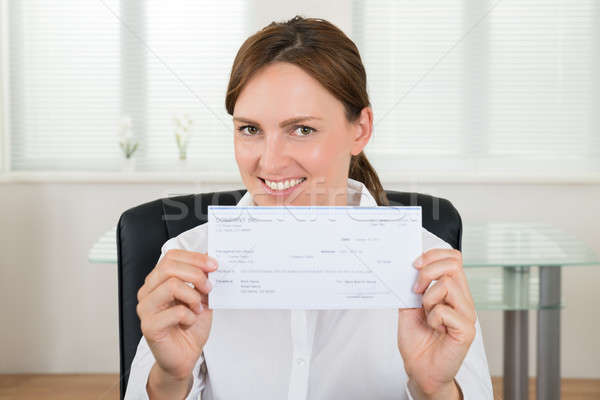 [[stock_photo]]: Femme · d'affaires · chèque · portrait · heureux · bureau