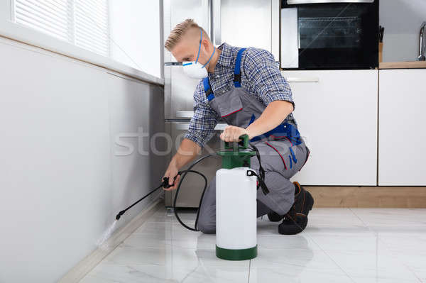 Trabajador pared casa botella máscara Foto stock © AndreyPopov