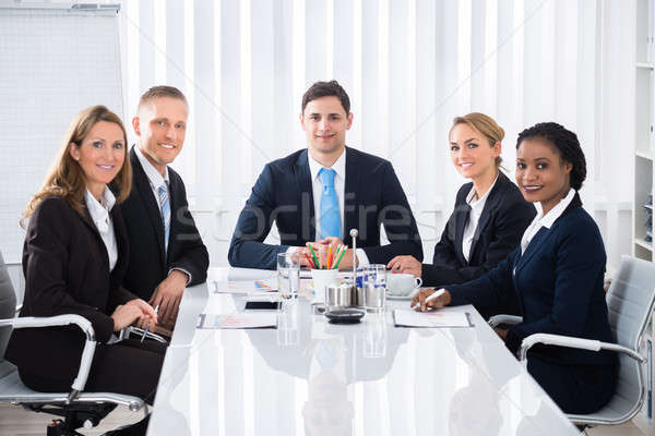 Stock foto: Geschäftsleute · Seminar · glücklich · männlich · weiblichen · Büro