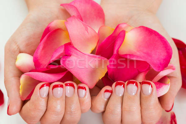 Stock fotó: Női · kezek · szög · fényezés · tart · rózsaszirmok