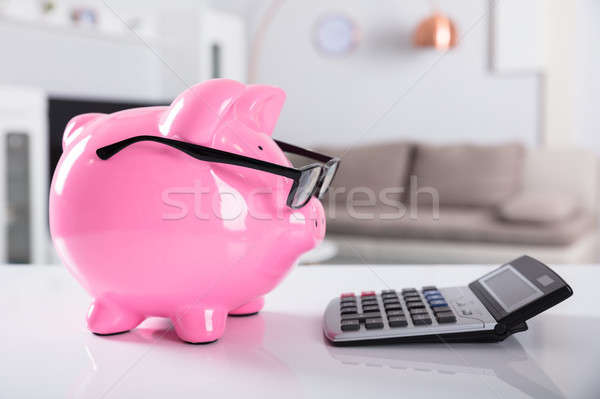Stock foto: Rosa · Sparschwein · tragen · Brillen · Rechner