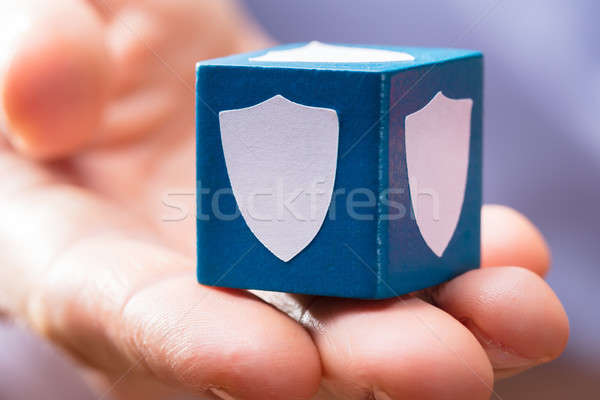 Hand Holding Blue Block With Security Shield Symbol Stock photo © AndreyPopov