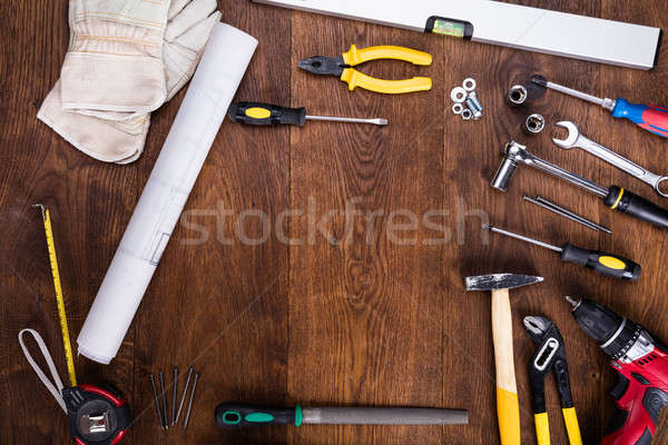 Construction Tools With Blueprint On Desk Stock photo © AndreyPopov