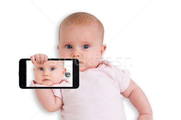 Foto d'archivio: Baby · cellulare · cute · bianco · telefono