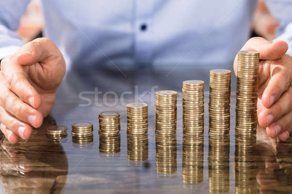 Foto stock: Empresário · moedas · secretária · pessoa