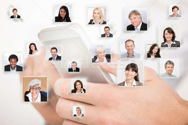 Kezek mobiltelefon globális kommunikáció kollázs üzletemberek üzlet Stock fotó © AndreyPopov