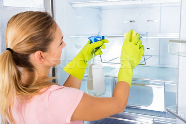 Mujer limpieza vacío refrigerador puerta jóvenes Foto stock © AndreyPopov