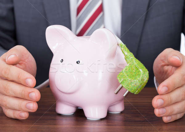 Businessman Shielding Piggybank And Green Power Cord Stock photo © AndreyPopov