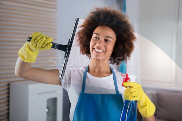 Woman Cleaning Glass Window With Squeegee Stock photo © AndreyPopov