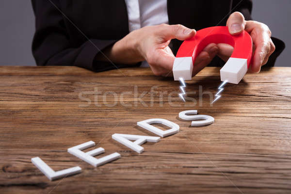 Stock photo: Businessperson Attracting Lead Text With Horseshoe Magnet