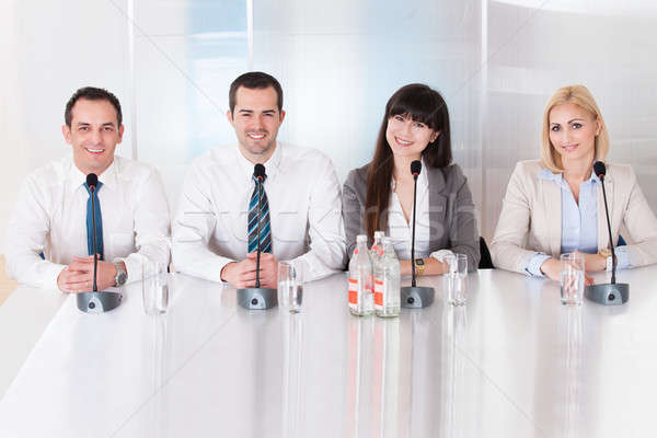 Foto stock: Grupo · pessoas · de · negócios · sessão · conferência · feliz · negócio