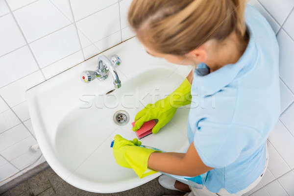 Stockfoto: Vrouw · schoonmaken · badkamer · werk