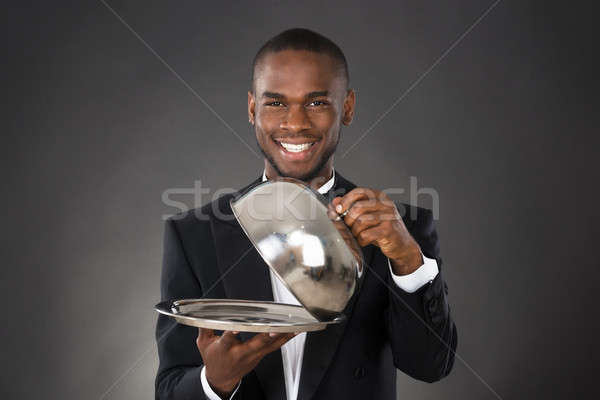 Foto stock: Camarero · comida · retrato · feliz · hombre