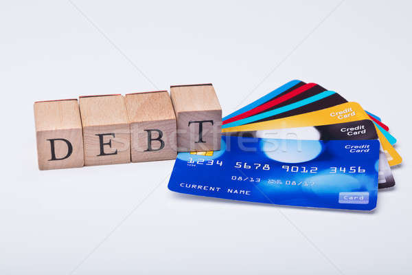 Adósság kártya szó fából készült közelkép szöveg Stock fotó © AndreyPopov