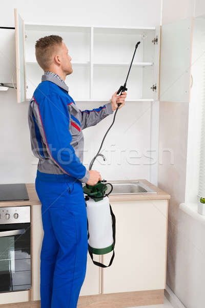 Worker Spraying Insecticide On Shelf Stock photo © AndreyPopov
