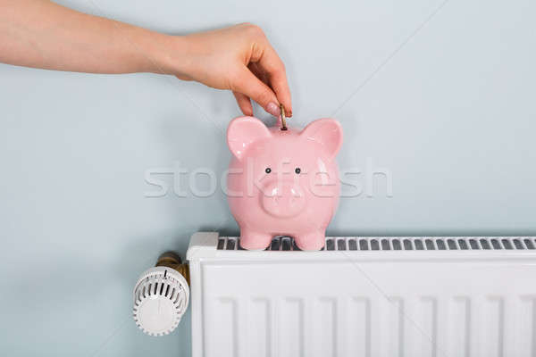 Foto stock: Mulher · mão · moeda · radiador