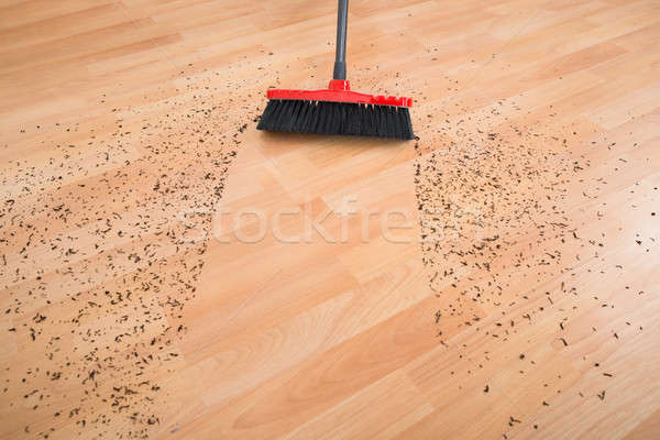 Miotła czyszczenia brud drewnianej podłogi widoku Zdjęcia stock © AndreyPopov