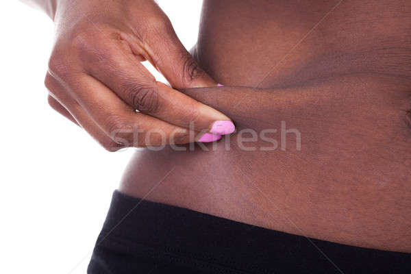 Foto stock: Mulher · barriga · gordura · jovem · africano · americano · branco