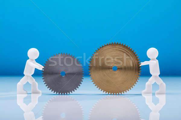 Foto stock: Dois · humanismo · engrenagens · vista · lateral · branco