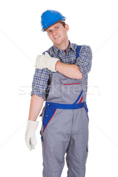 Foto stock: Masculina · trabajador · sufrimiento · dolor · en · el · hombro · aislado · blanco