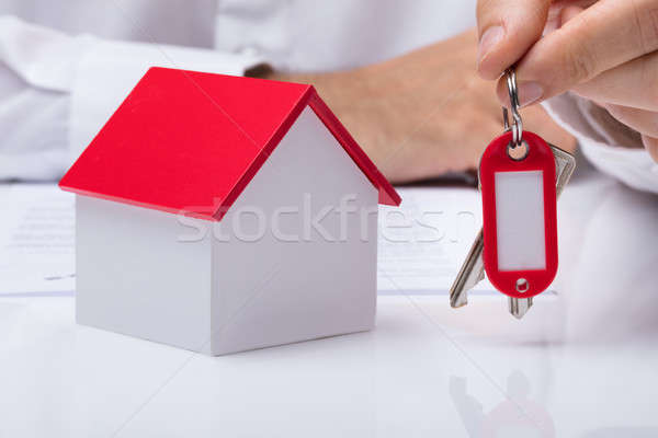 Hand Holding House Keys With House Model Stock photo © AndreyPopov