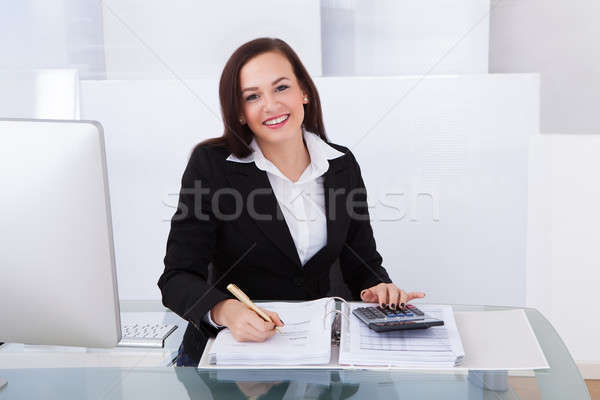 Stock fotó: Boldog · üzletasszony · adó · portré · asztal · iroda
