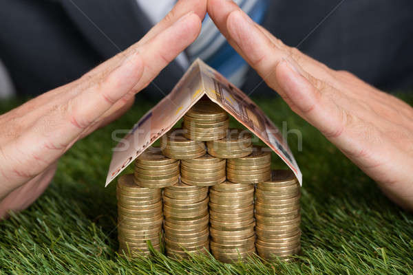 Businessman Shielding House Of Coins And Euro Note On Grass Stock photo © AndreyPopov