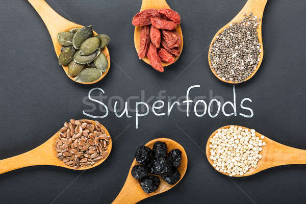 Superfoods Text With Ingredients In A Wooden Spoon Stock photo © AndreyPopov