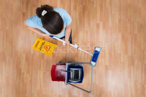 Femme étage nettoyage humide signe [[stock_photo]] © AndreyPopov