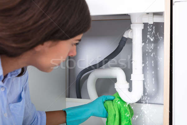Woman Holding Napkin Under Sink Pipe Leakage Stock photo © AndreyPopov