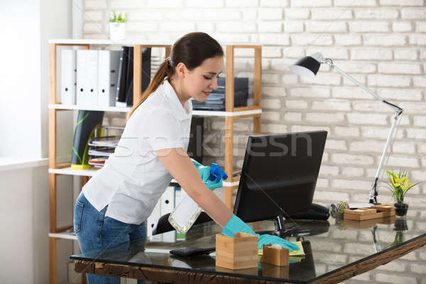 Stockfoto: Vrouw · schoonmaken · glas · gelukkig · jonge · vrouw