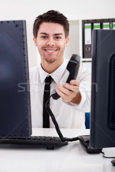 Foto stock: Sonriendo · stock · corredor · teléfono · vista · dos