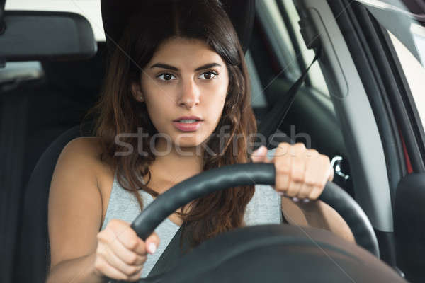 Stockfoto: Vrouw · rijden · auto · jonge · vrouw · stuur