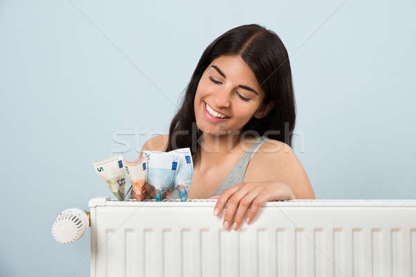 Vrouw bankbiljet binnenkant radiator jonge gelukkig Stockfoto © AndreyPopov