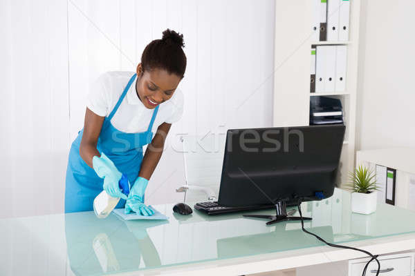 Foto d'archivio: Femminile · pulizia · desk · straccio · felice