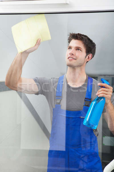 Stockfoto: Schonere · schoonmaken · glas · papier · gelukkig · mannelijke